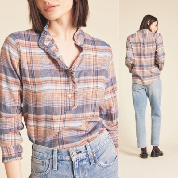 NWT Birds of Paradis By Trovata Ruffle Breezy Blouse Eclipse Plaid Button Down - Picture 7 of 7